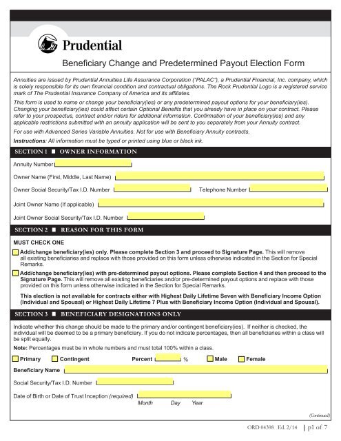 Beneficiary Change And Predetermined Payout Election Form Beneficiary Change And Predetermined Payout Election Form