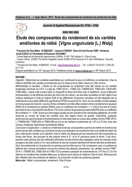 Ãtude des composantes du rendement de six variÃ©tÃ©s amÃ©liorÃ©es ...