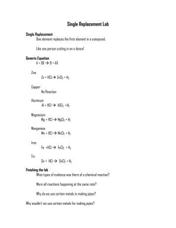 Single Replacement Reactions Worksheet Single Replacement Reactions Worksheet