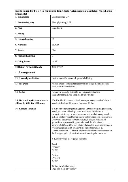 Växtfysiologi 15hp - BIG - Stockholms universitet