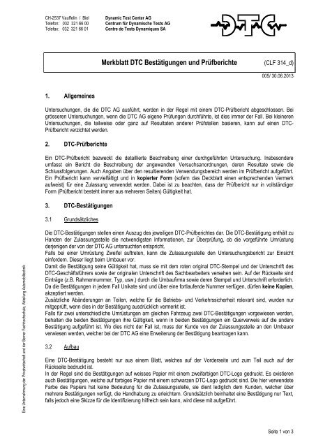 Merkblatt DTC BestÃ¤tigungen und PrÃ¼fberichte