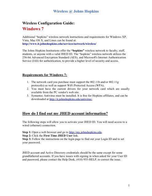 Windows 7 - Information Technology at the Johns Hopkins Institutions