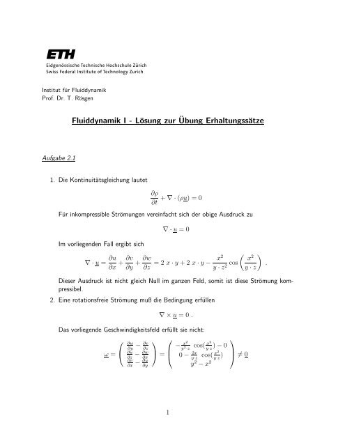 Fluiddynamik I - LÃ¶sung zur Â¨Ubung ErhaltungssÃ¤tze - IFD