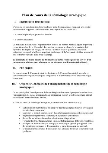 Examen corrigé Plan de cours de la sémiologie urologique pdf