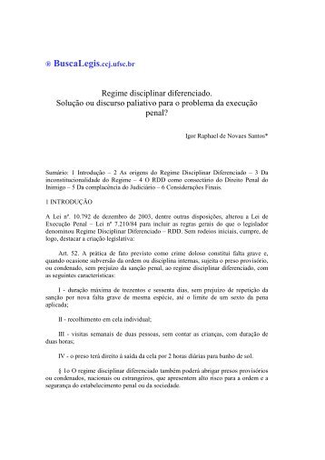 Regime disciplinar diferenciado. SoluÃ§Ã£o ou discurso ... - BuscaLegis