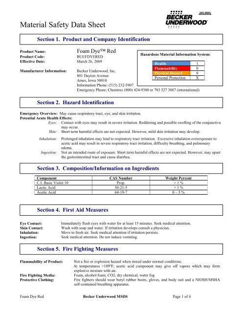 Foam Dye Red Msds Becker Underwood