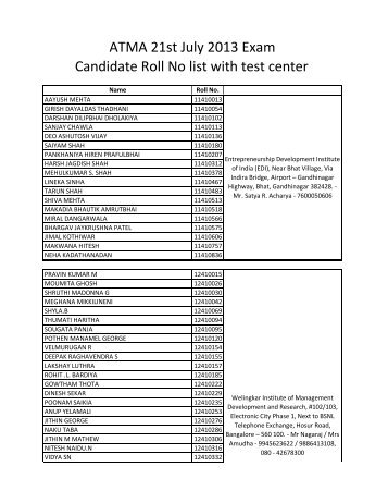 ATMA 21st July 2013 Exam Candidate Roll No list with test center