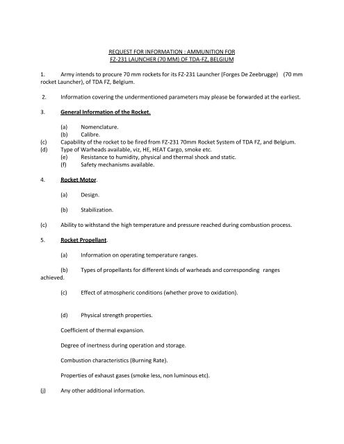 OF TDA-FZ, BELGIUM 1. Army intends to procure 70 ... - Indian Army
