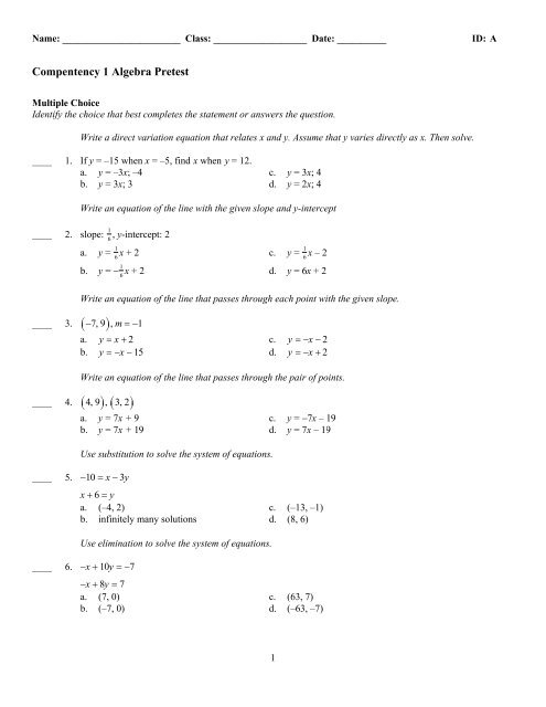 Competency 1 Algebra Math6 12TestPrep Home