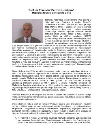 Prof. dr Tomislav Petrovic, D. Sc., Masinski fakultet Nis