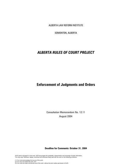 ALBERTA RULES OF COURT PROJECT Enforcement of Judgments ...
