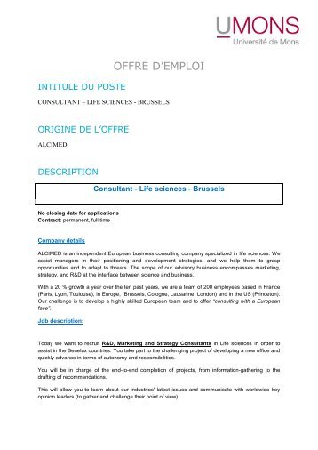 OFFRE D'EMPLOI - Université de Mons