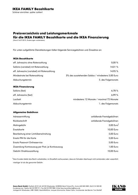 Preisverzeichnis IKEA FAMILY Bezahlkarte
