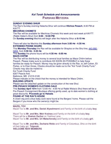 Kol Torah Schedule and Announcements PARSHAS METZORA