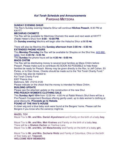 Kol Torah Schedule and Announcements PARSHAS METZORA