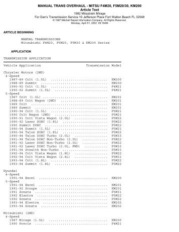 Manual trans overhaul - mitsu f4m20, f5m20/30, km200 - Webs