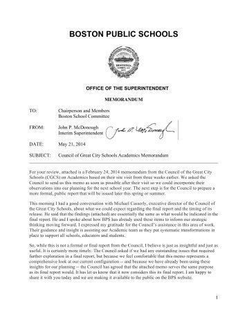 CGCS Academics Memo and BPS Superintendent Letter