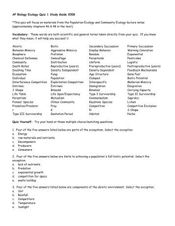 AP Biology Ecology Quiz 1 Study Guide 2008 *This quiz will focus ...