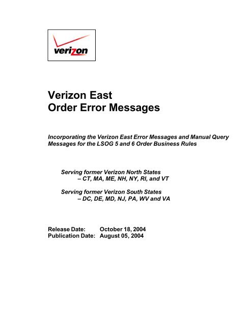 Error Messages Oct04 Order 73day Verizon