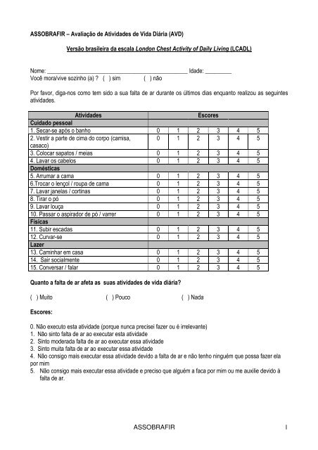 PDF) Validação da versão em português da escala London Chest Activity of  Daily Living (LCADL) em doentes com doença pulmonar obstrutiva crónica