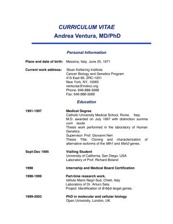 CURRICULUM VITAE Andrea Ventura, MD/PhD - Memorial Sloan ...