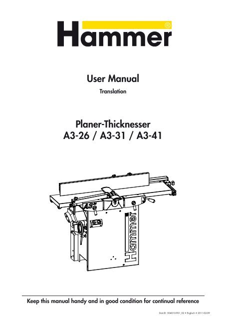 User Manual Planer-Thicknesser A3-26 / A3-31 / A3-41