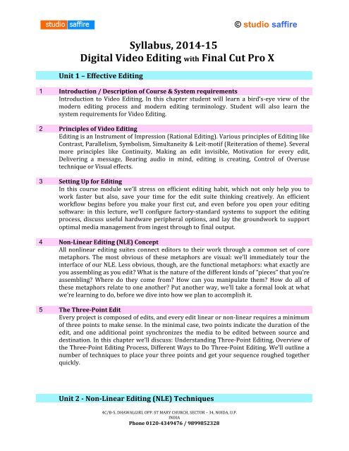Syllabus- Video Editing with Final Cut Pro X - Studio Saffire