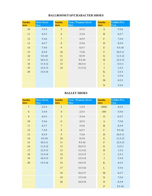 Sansha Size Chart Dancewear