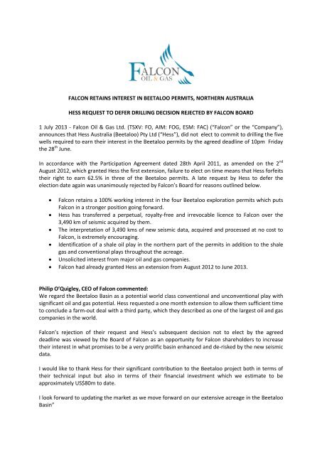 Falcon retains interest in Beetaloo permits, Non ... - Falcon Oil & Gas