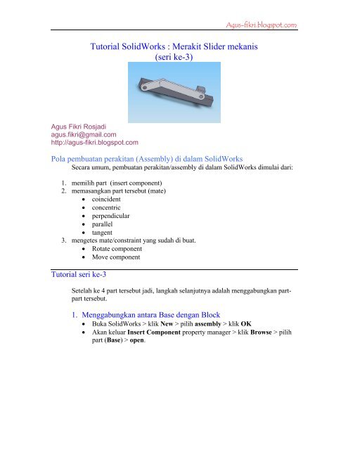 Tutorial SolidWorks : Merakit Slider mekanis (seri ke-3)
