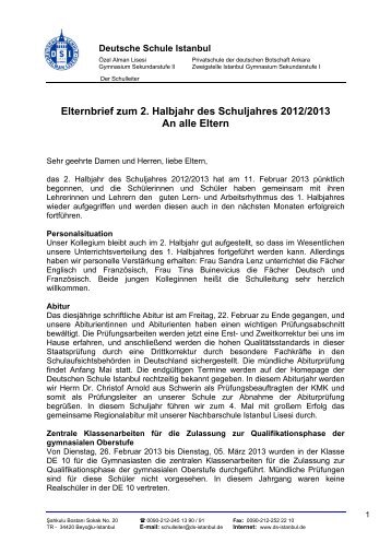 Elternbrief zum Schulhalbjahr 2012/2013 - Deutsche Schule Istanbul