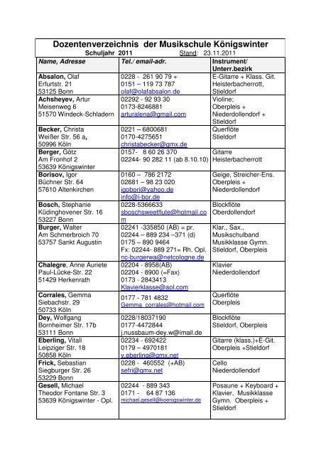 Dozentenverzeichnis der Musikschule KÃ¶nigswinter