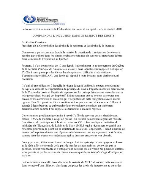 Lettre ouverte. Comprendre l'inclusion dans le respect des ... - CDPDJ