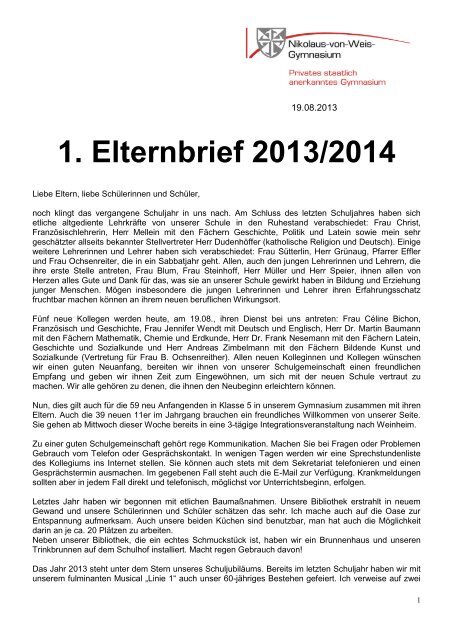 Elternbrief vom 19. August 2013 - Nikolaus-von-Weis-Gymnasium