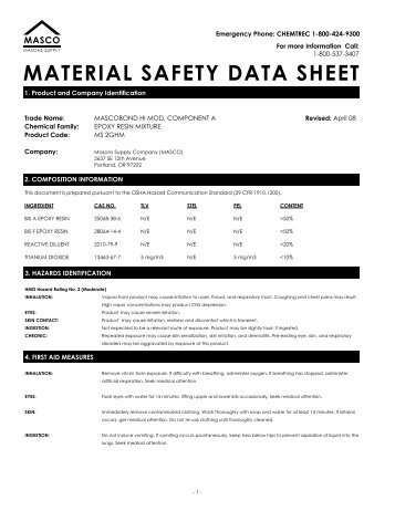 MASCOBOND HI MOD, COMPONENT A - MSDS - masco.net