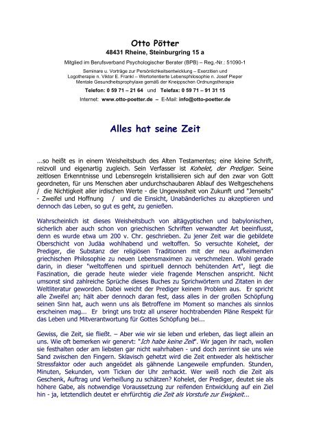 Kohelet Alles Hat Seine Zeit Kohelet-Alles hat seine Zeit - Otto Pötter