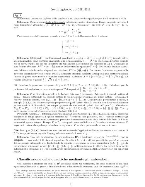 Classificazione delle quadriche mediante gli autovalori. - Sezione di ...