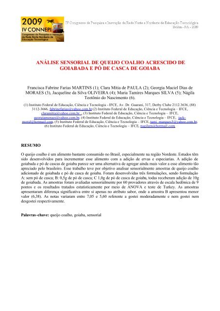 anÃ¡lise sensorial de queijo coalho acrescido de goiabada e pÃ³ de ...