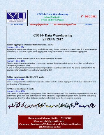 CS614- Data Warehousing SPRING 2012 - vuZs