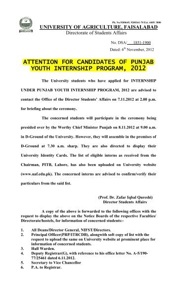 attention for candidates of punjab youth internship program, 2012