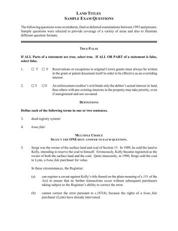 LAND TITLES SAMPLE EXAM QUESTIONS The following questions ...