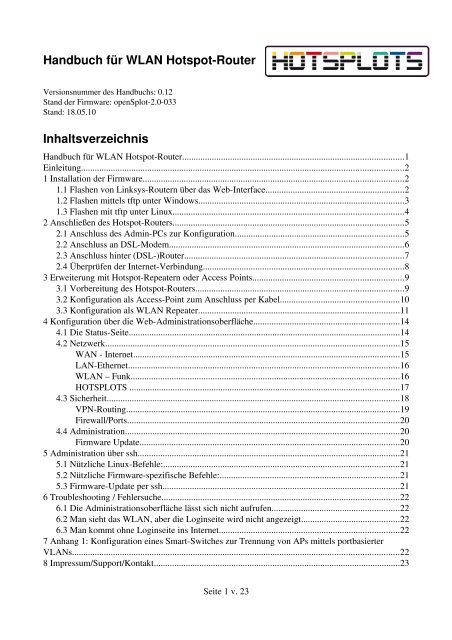 Handbuch für WLAN HotspotRouter Inhaltsverzeichnis - Hotsplots