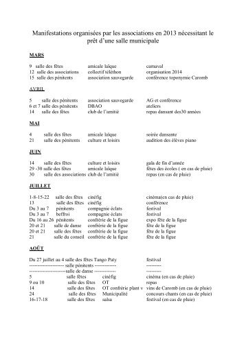 calendrier des manifestations par les associations ... - Ville de Caromb