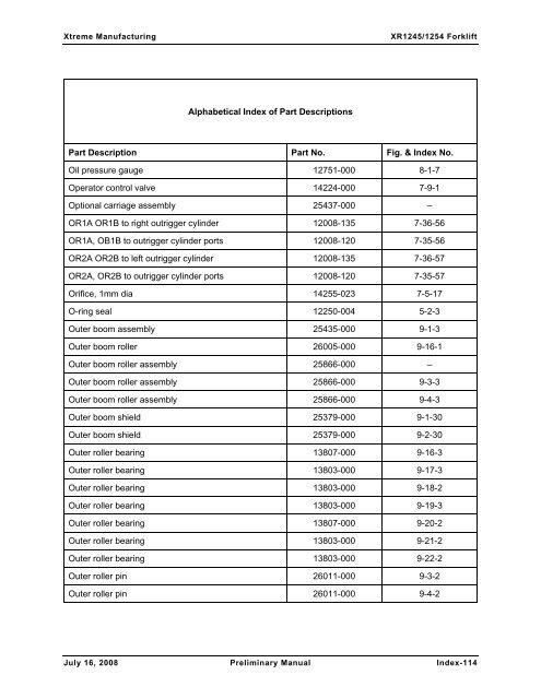 Numerical and Alphabetical Indexes - Xtreme Manufacturing