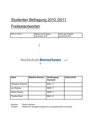 Studenten Befragung 2010 /2011 ... - Hochschule Bremerhaven