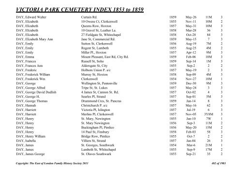 VICTORIA PARK CEMETERY INDEX 1853 to 1859 - The East of ...