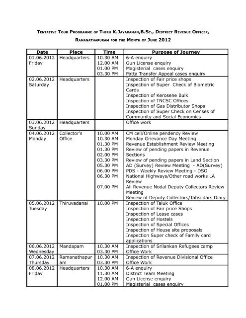 tentative tour programme of district revenue officer - Ramanathapuram
