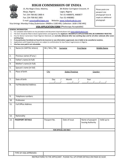 Visa Form - High Commision of India to Nigeria