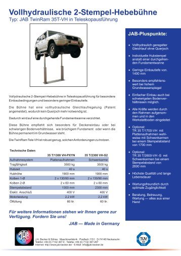 Vollhydraulische 2-Stempel-Hebebühne - JA - Becker & Söhne