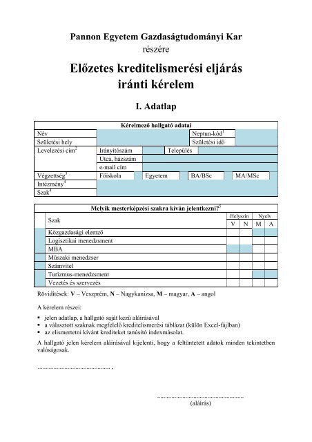 Előzetes kreditelismerési eljárás iránti kérelem - Wiki - Pannon ...